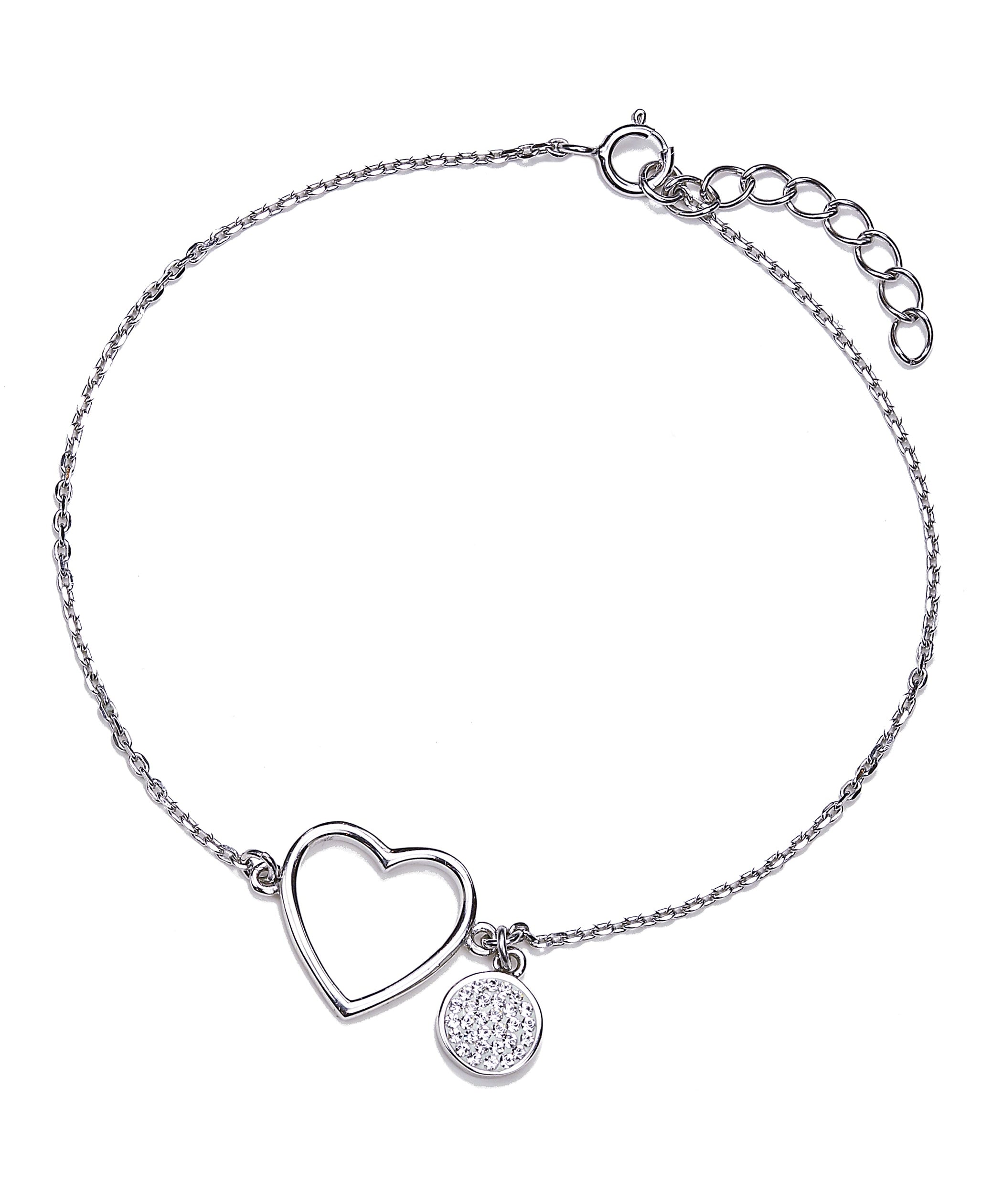 Sterling Silver Crystal Cut Out Heart and Disc Charm Bracelet-0