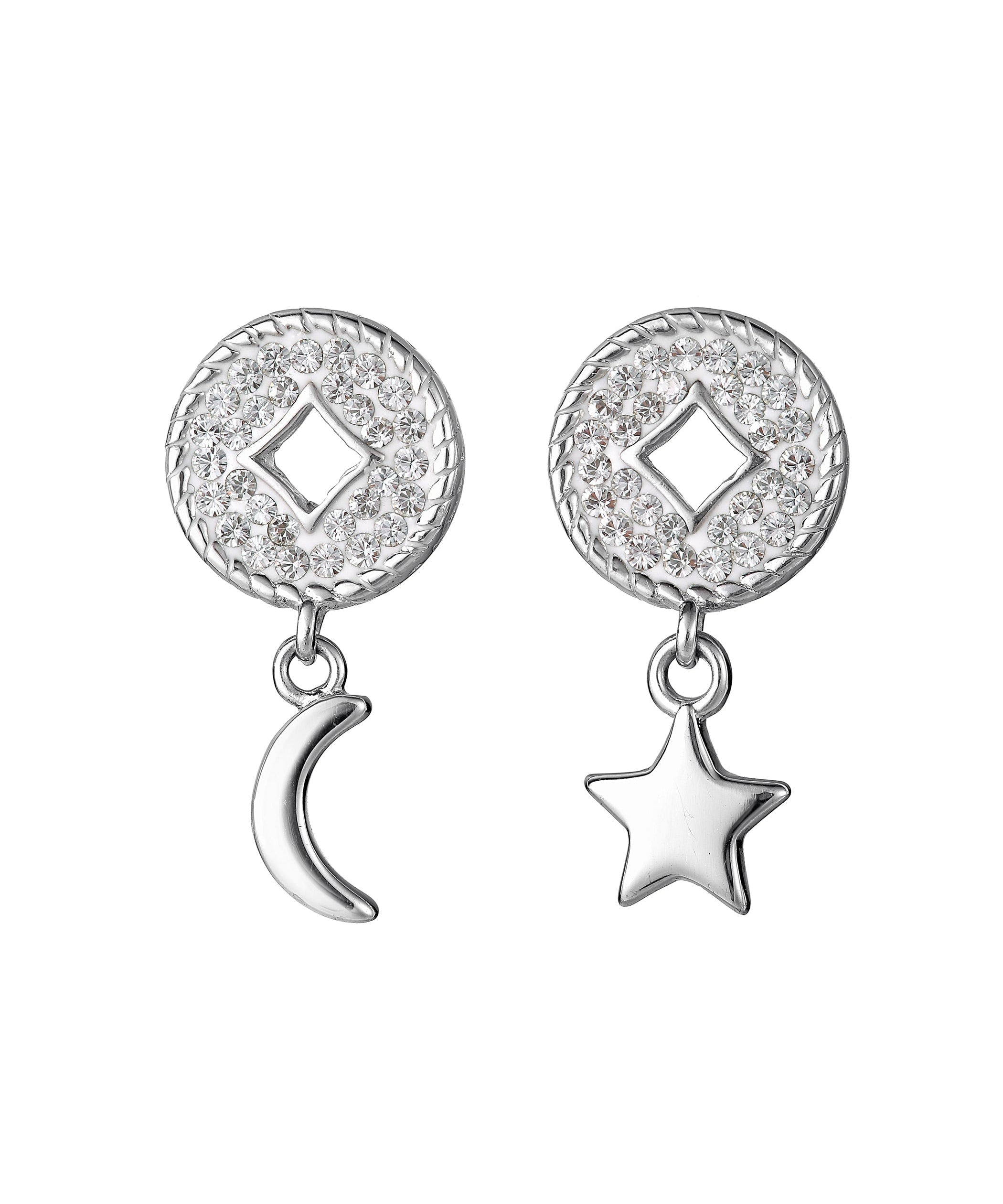 Sterling Silver Crystal Crescent Moon and Star Drop Round Stud Earrings-0