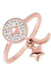 Sterling Silver Rose Gold Plated Crystal Crescent Moon & Star Charm Ring-0