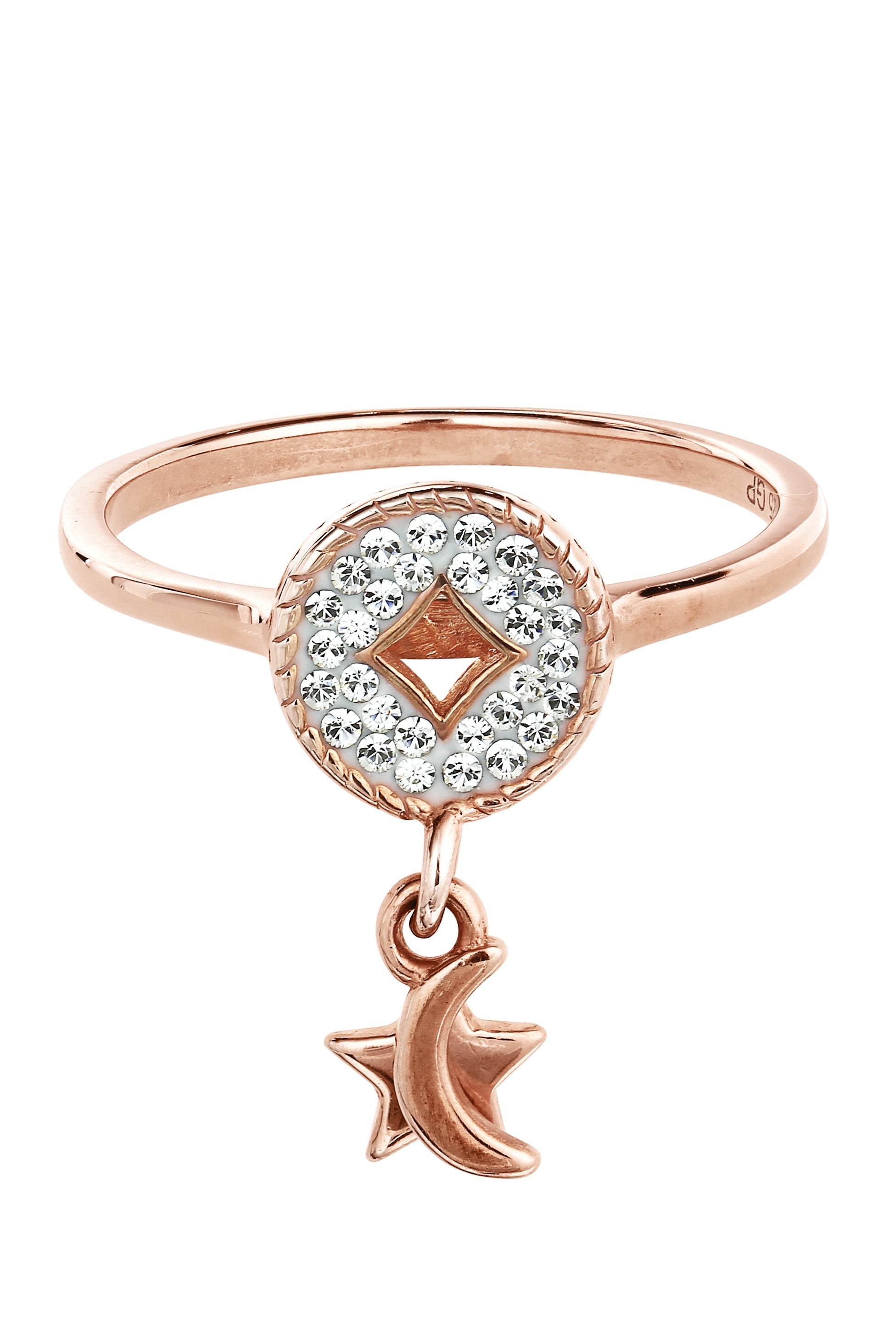 Sterling Silver Rose Gold Plated Crystal Crescent Moon & Star Charm Ring-2