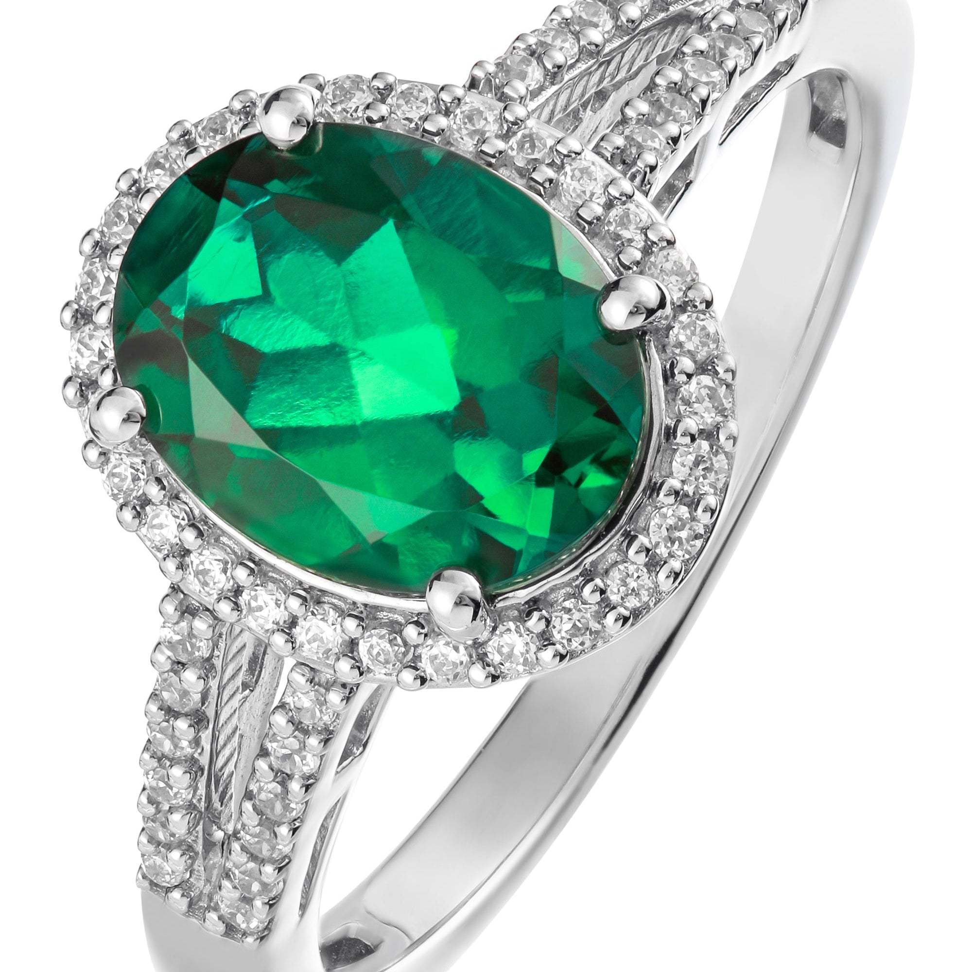 9ct White Gold 9x7 Oval Created Emerald and 0.17ct Diamond Ring-0