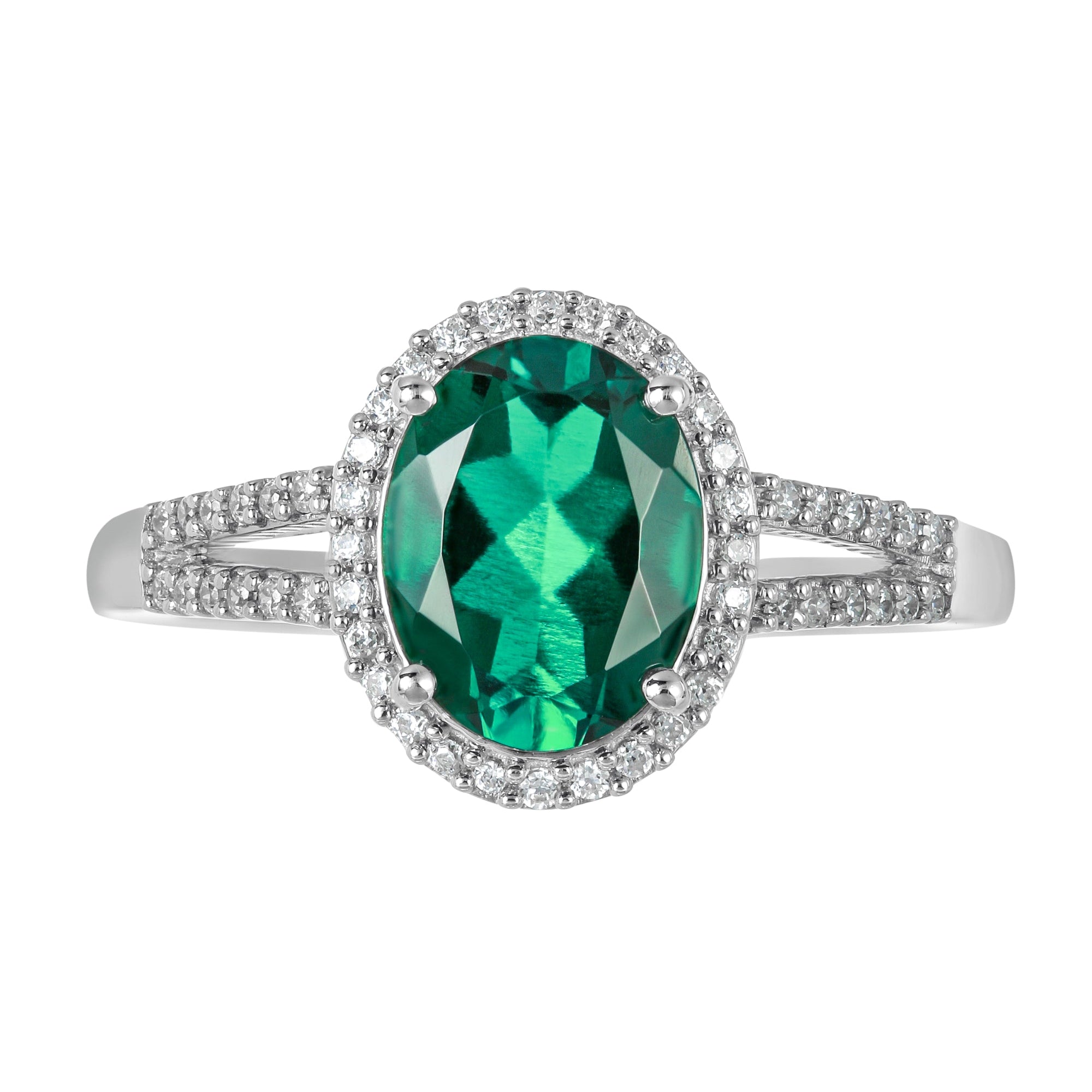 9ct White Gold 9x7 Oval Created Emerald and 0.17ct Diamond Ring-1