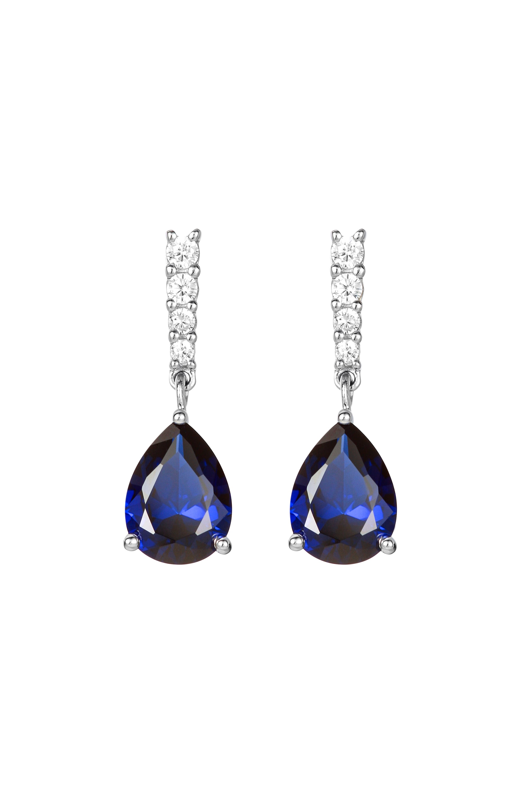 9ct White Gold Created Sapphire and 0.14ct Diamond Drop Earrings-0