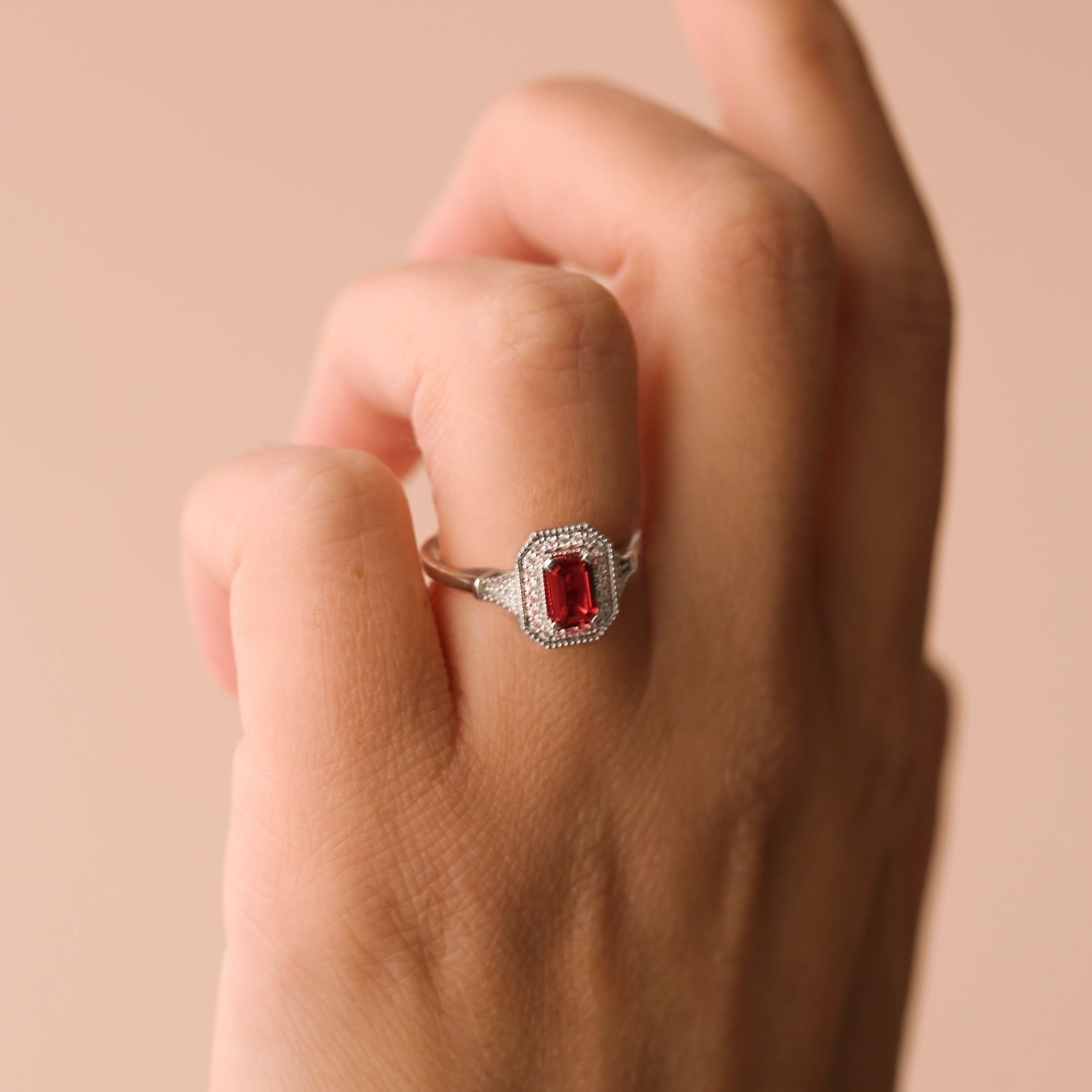 Vera | 18ct White Gold 0.12ct tw Lab Grown Diamond and Created Ruby Vintage Ring-1