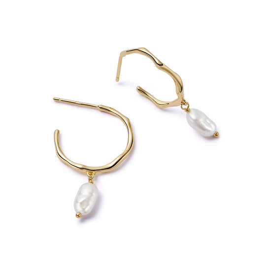 Daisy London | Organic Hoop 18ct Gold Plate pearl drop Earrings