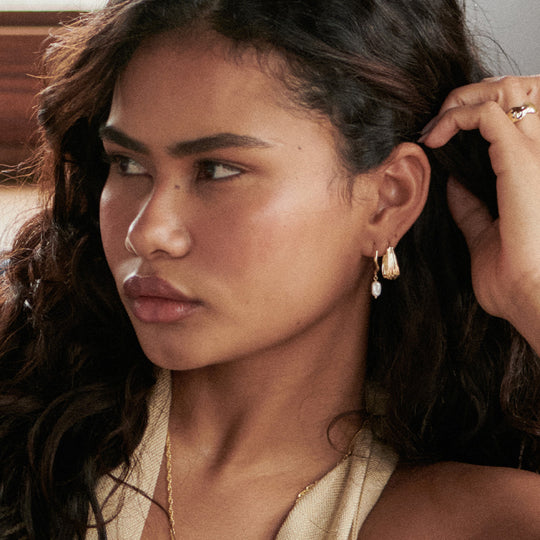 Daisy London | Organic Hoop 18ct Gold Plate pearl drop Earrings