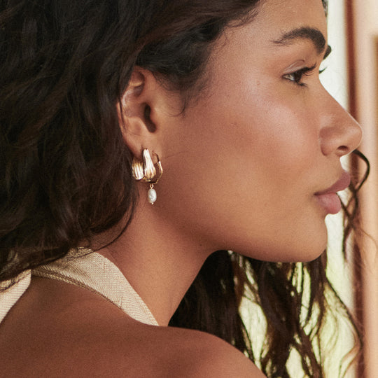 Daisy London | Organic Hoop 18ct Gold Plate pearl drop Earrings