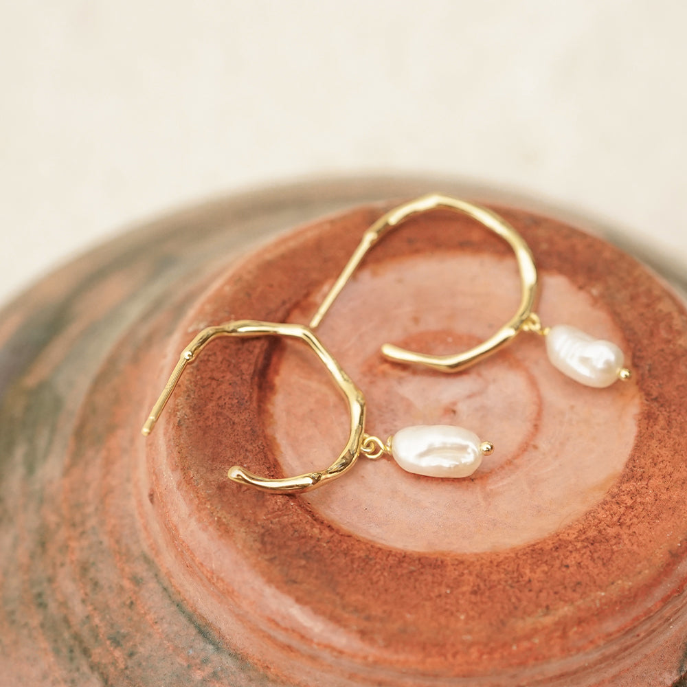 Daisy London | Organic Hoop 18ct Gold Plate pearl drop Earrings