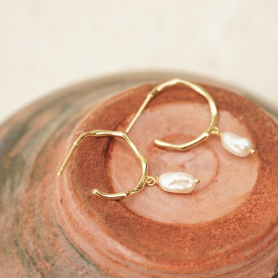 Daisy London | Organic Hoop 18ct Gold Plate pearl drop Earrings