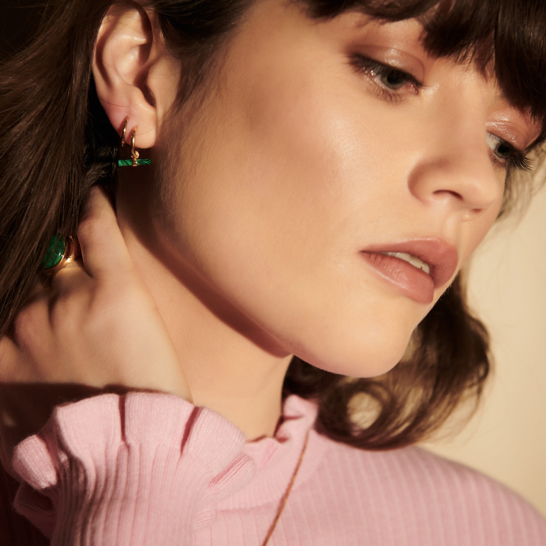 Rachel Jackson |  Mini Malachite T-Bar 22ct Gold Plated Huggie Hoop Earrings