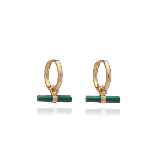 Rachel Jackson |  Mini Malachite T-Bar 22ct Gold Plated Huggie Hoop Earrings